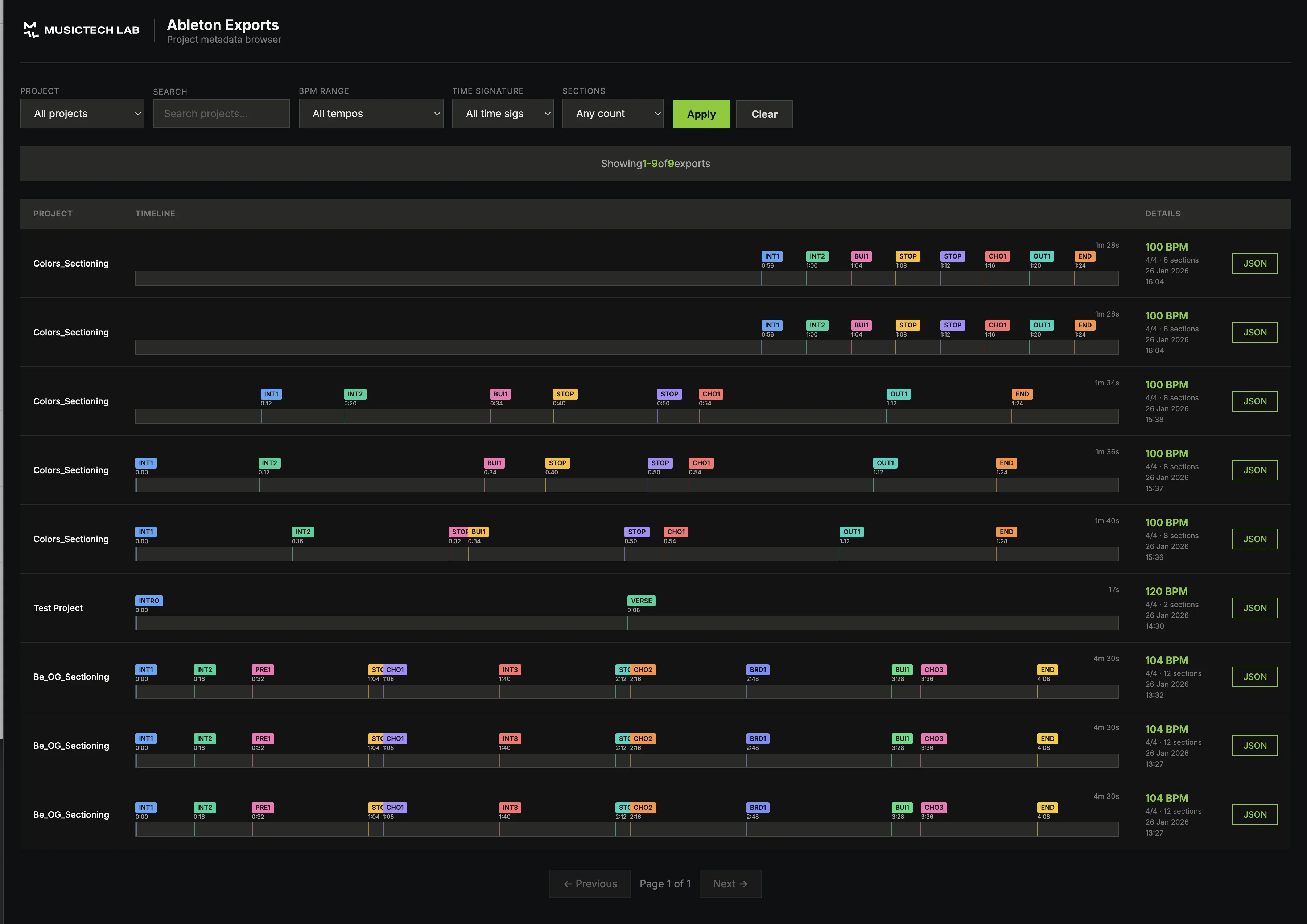 Browser UI with timeline visualization of Ableton exports