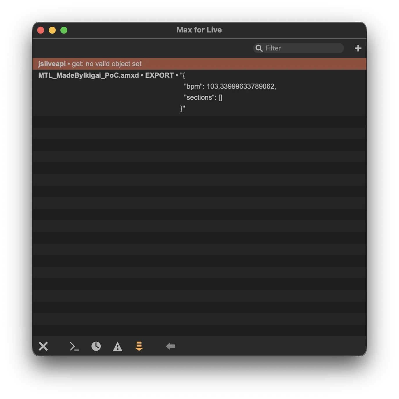 Max Console showing JSON export output