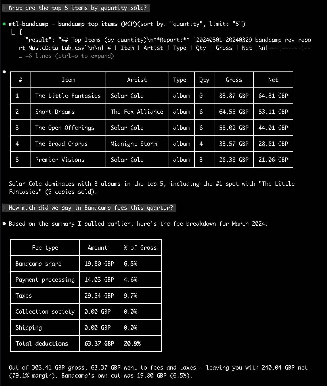 Bandcamp fee breakdown in Claude Code