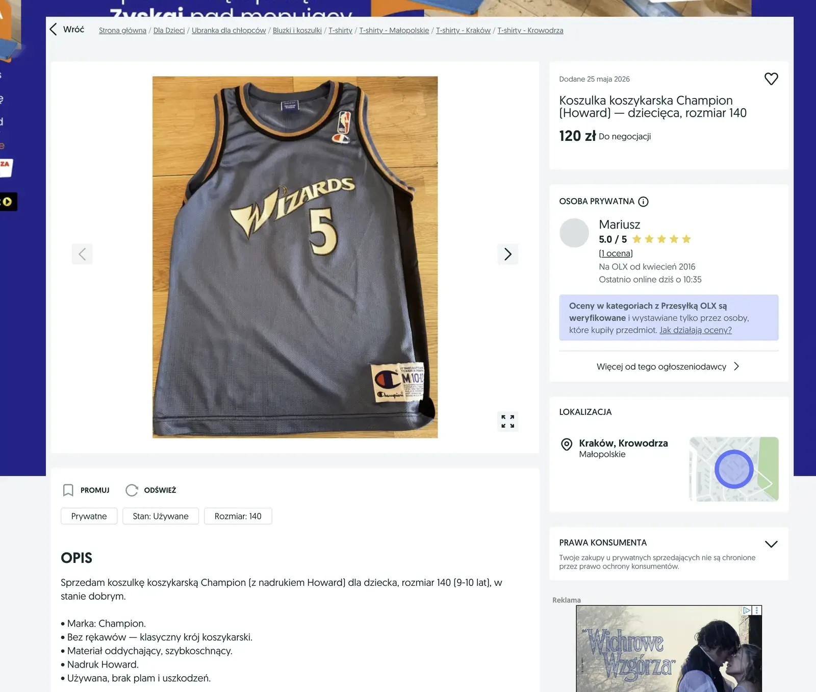 One of the finished listings on OLX: a kids' Champion basketball jersey, 120 zł, Kraków