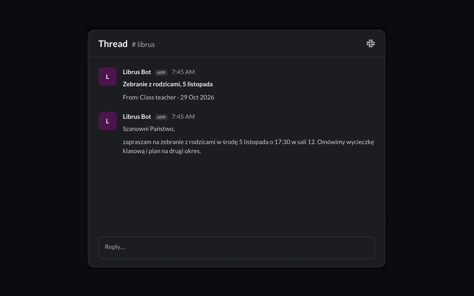 Librus Bot in Slack
